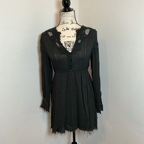 Free People FP One Black Lace Trim Long Sleeve Mini Dress XS - Picture 2 of 6